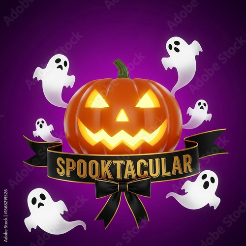 Spooktacular halloween jack o lantern with ghosts and ribbon