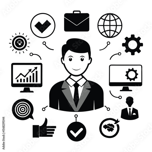 Business Silhouette Icon Set – Marketing, Management, Loyalty, and Teamwork Symbols