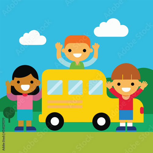 Three children waving next to a yellow school bus kids
