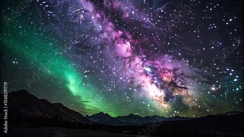 Cosmic Nebula with Purple and Green Gaseous Clouds in Dark Night Sky