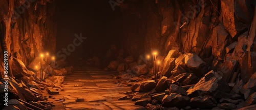 Old mine tunnel, panoramic view of abandoned underground passage with rocks. Entrance to dark catacomb, inside subterranean cave. Concept of coal