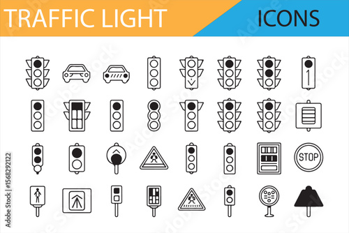 Road Signs, Stoplights, and Pedestrian Signals in Simple Line Art