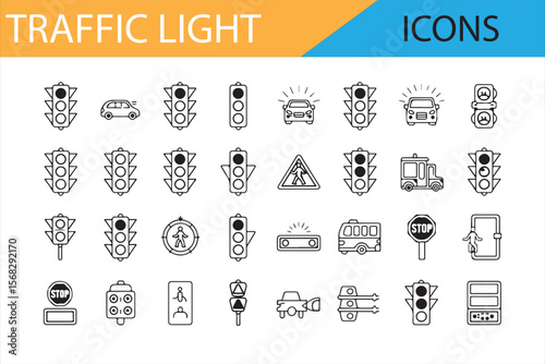 Set of Traffic Light and Directional Signal Icons in Line Art Style