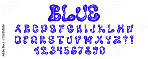 Wavy 3D font showcasing liquid letters and numbers in a glossy blue texture with a playful design suitable for various creative applications and projects