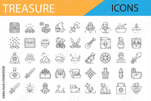 Treasure Hunt Symbols in Black Line Art for Adventure Themed Projects