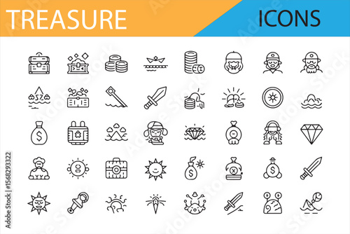 Simple Line Art Icons for Treasure, Pirate, and Wealth Themes

