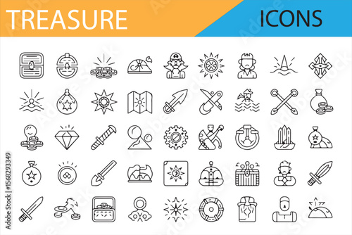 Treasure Map, Sword, and Gem Icons for Creative Design and Iconography