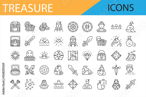 Adventure, Gem, and Coin Symbols in Simple Line Art for Illustrations