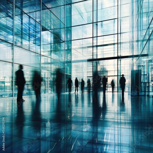 Modern office building interior with people.  Busy professionals in a glass-walled structure