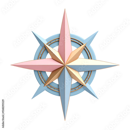 Pastel Compass Star Icon in 3D with Smooth Points on Transparent Background