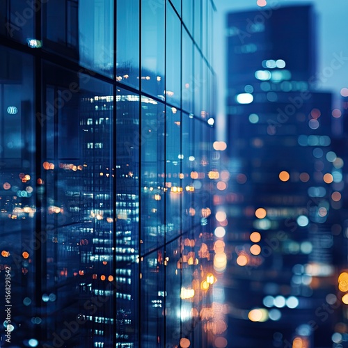 Urban cityscape reflected in modern glass facade.  City lights, vibrant reflections, business district at night
