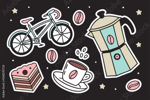 A collection of colorful and whimsical coffee-themed stickers, including a bicycle, coffee maker, espresso cup, pastry, and other related icons, all set against a black background