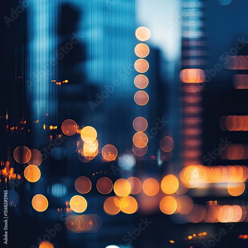 Blurry cityscape at night, glowing lights