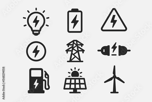 Energy icons: electricity symbols for renewable and power sources