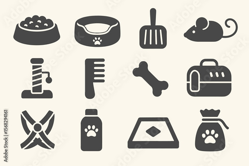 Cat care essentials: food bowl, bed, litter scoop, toy mouse, carrier, scratching post