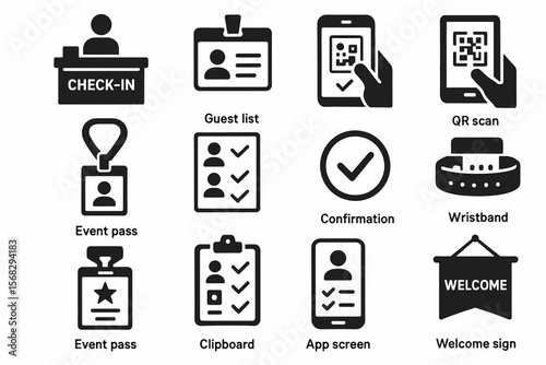 Event check-in icons: guest list, qr scan, wristband, event pass, welcome sign