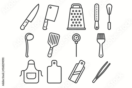 Kitchen utensil icons: knife, grater, whisk, cutting board, apron