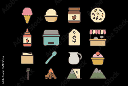Colorful ice cream icons featuring scoops, cones, sprinkles, and sundaes on black background