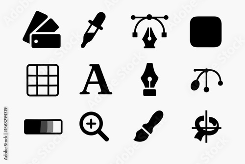 Graphic design icons set: color picker, font, pen tool, zoom, paintbrush, grid, shapes