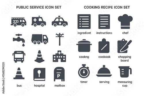 Public service and cooking recipe icon sets with vehicles and kitchen tools