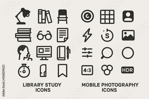 Library study and mobile photography icon set for creative projects