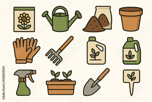 Garden tools collection: watering can, shovel, gloves, plant pot, seedlings, fertilizer