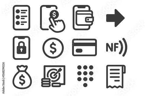 Mobile payment and finance icons with wallet and security symbols