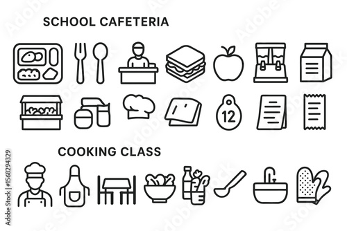 School cafeteria and cooking class icons: food, chef, kitchen items, dining, education