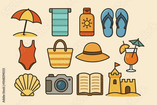 Summer beach essentials: icon set of umbrella, towel, sunscreen, and more
