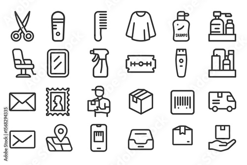 Barber and delivery icon set: scissors, shampoo, packages, and postal symbol design