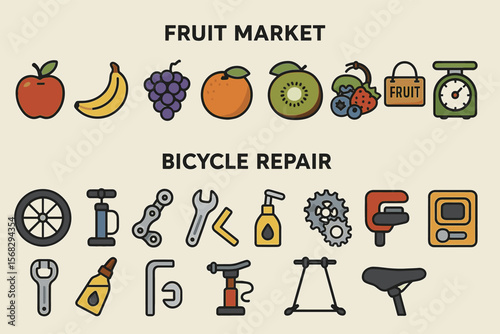 Fruit market and bicycle repair icons: colorful symbols of fresh produce and bike tools