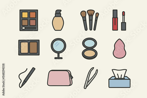 Collection of makeup tools and products including brushes and lipstick