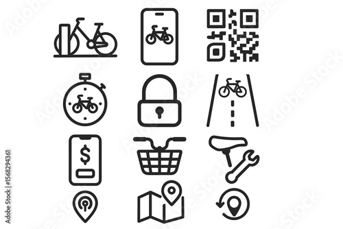 Bicycle rental and safety icons set: mobile app, lock, timer, navigation, repair