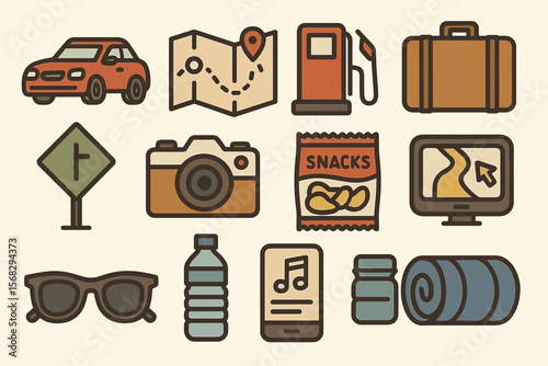 Road trip essentials: car, map, camera, snacks, and more in illustrated icons