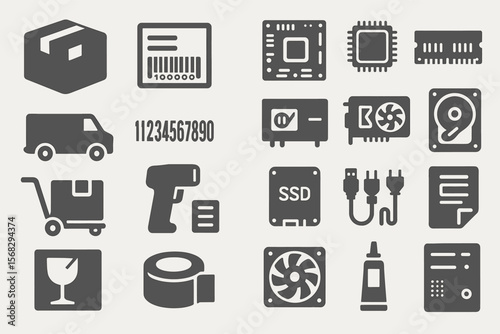 Shipping and electronics icons: barcode, package, ssd, microchip, delivery, tape