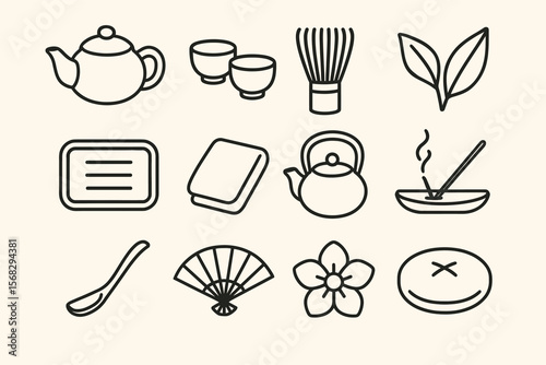 Traditional japanese tea ceremony icons - teapot, cups, whisk, leaves, dish, spoon, fan, blossom, moji