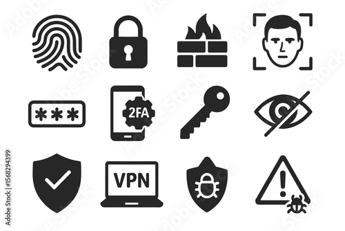 Cybersecurity icon set: fingerprint, lock, firewall, face id, password, 2fa, vpn, malware, threat