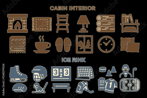 Rustic cabin and ice rink icon set: cozy fireplace, skates, hockey elements