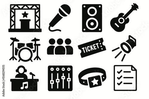 Music concert icons: stage, microphone, instruments, dj, and equipment symbols