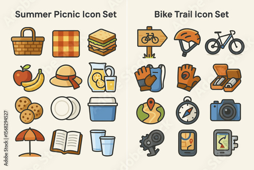 Summer picnic and bike trail icon set featuring food, gear, signs, and maps