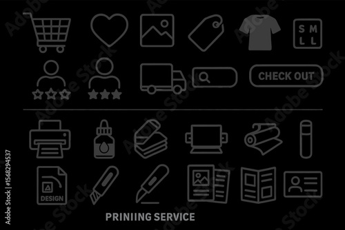 Seamless online shopping and printing service icons set on black background