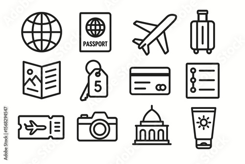 Travel icons: passport, airplane, luggage, camera, map, ticket, credit card, landmark