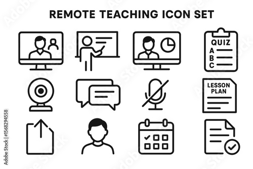 Remote teaching icon set: online learning and education tools collection