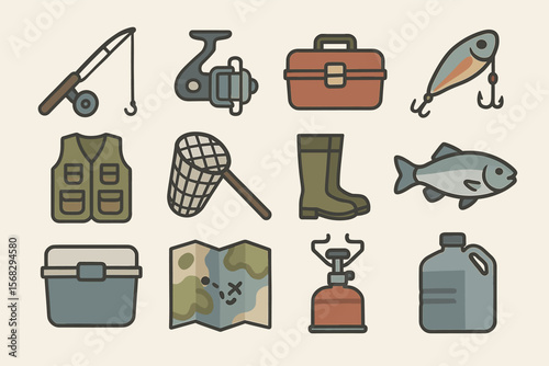 Fishing gear collection: rod, reel, lure, tackle box, vest, net, boots, fish, map, stove, water jug