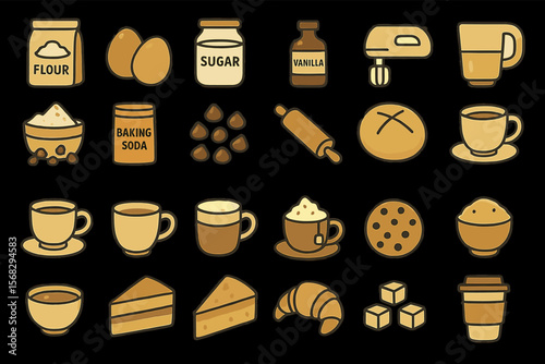 Baking essentials icons: ingredients, tools, and techniques for perfect pastries