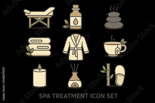 Spa treatment icon set featuring massage, aromatherapy, and relaxation elements