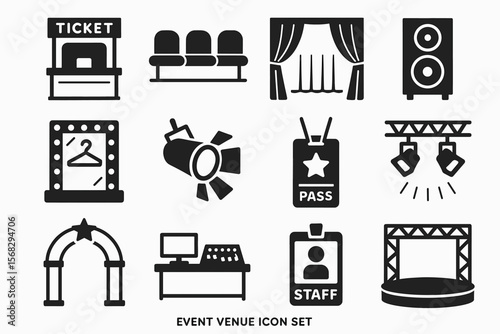 Event venue icon set: tickets, stage, seating, lighting, sound equipment