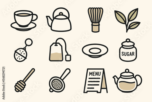 Tea set and accessories including teapot, tea leaves, honey, and menu icons
