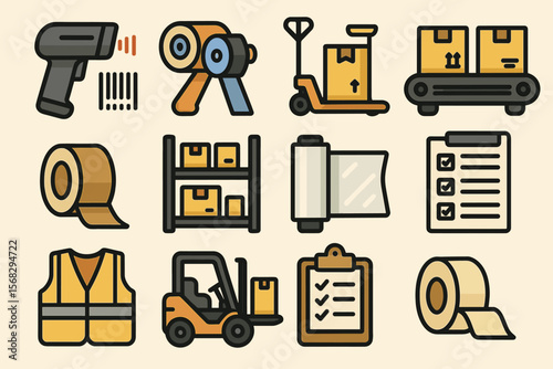 Warehouse and shipping equipment icons with boxes, tape, forklift, and conveyor belt