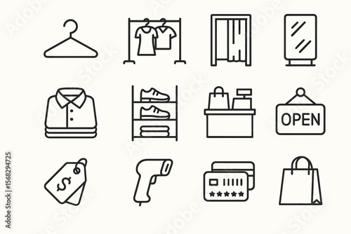 Retail store icon set: hanger, clothing rack, fitting room, mirror, shirt, shoes, checkout, open sign, price tag, scanner, credit card, shopping bag